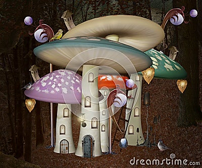 Elves houses in the shape of magic mushroom Cartoon Illustration